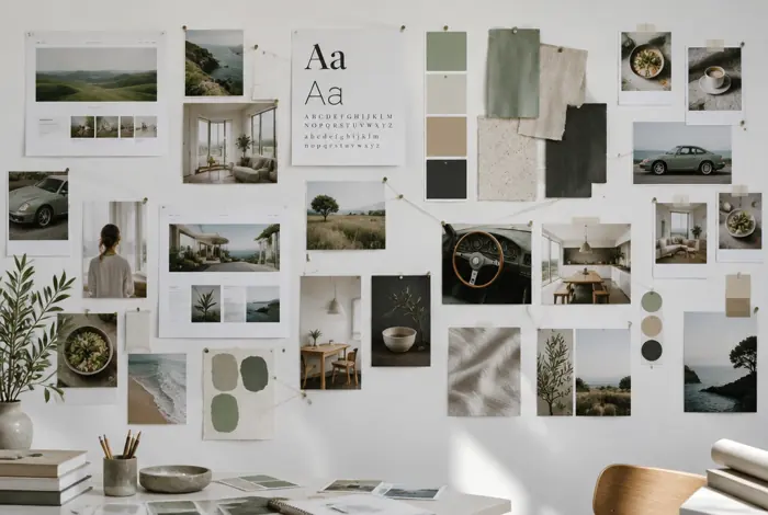 Moodboard with photos, type specimens and colour swatches